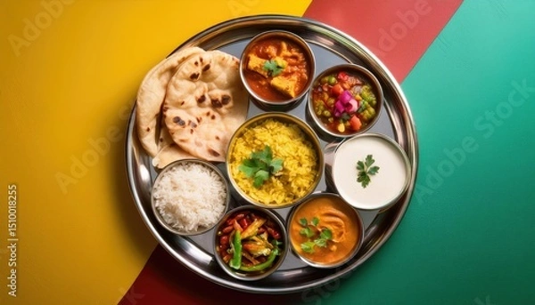 Obraz Authentic Indian Thali A Culinary Journey on a Platter on vibrant color background top view