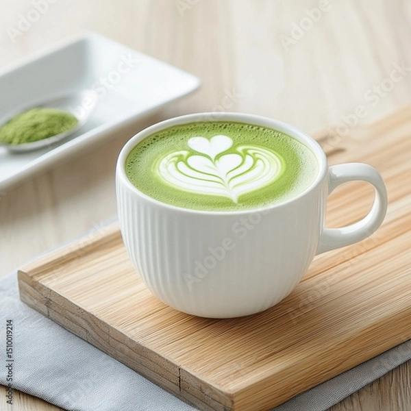 Obraz Creamy matcha latte with heart latte art in white ceramic cup on wooden tray