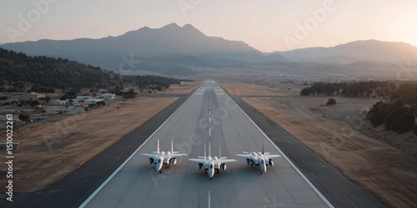Obraz Fighter jets positioned on an airstrip during twilight with mountains in the background