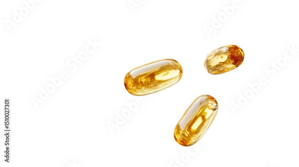 Fototapeta Shiny Golden Omega-3 Supplements Capsules Isolated on White Background