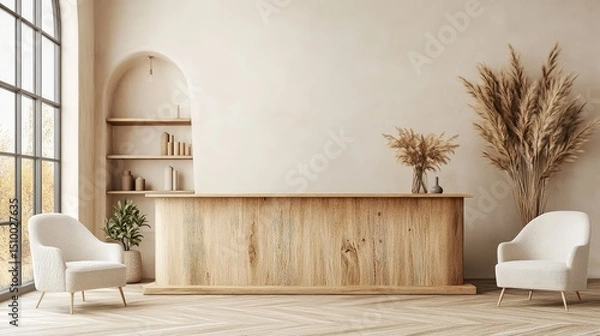 Fototapeta Reception counter featuring minimalist shelving and monochrome tones