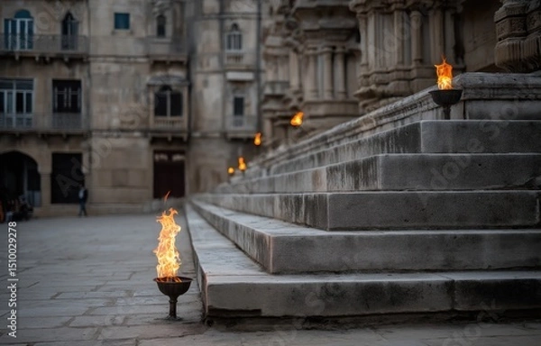 Fototapeta Majestic stone steps illuminated by flickering flames at historic marble temple courtyard