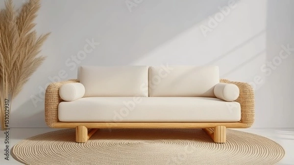 Fototapeta Serene Living Space: An inviting and airy modern couch, adorned with soft cushions, sits in a well-lit, minimalist interior. Evoking a sense of calm and relaxation.