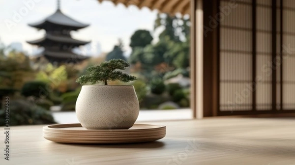 Fototapeta Serene Sanctuary: A tranquil indoor scene, centered around a potted bonsai tree on a wooden tray, framing the pagoda temple beyond, Japanese theme