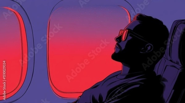 Fototapeta Man Contemplating Through Window: A person gazes contemplatively through an airplane window, his silhouette framed by the vibrant hues of a sunset, embarking on a journey.