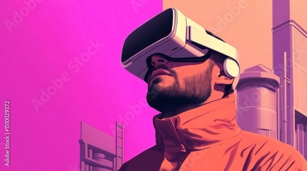 Fototapeta Virtual Reality: A man wearing a virtual reality headset in an architectural environment, an artwork of immersive technology