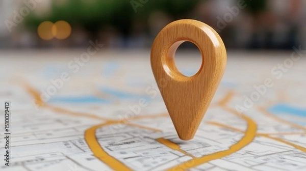 Fototapeta Wooden Map Pointer: A wooden map pointer rests on the blurry map suggesting travel, Wooden Location Marker on a Map