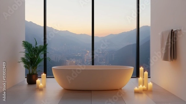 Fototapeta Serene Spa Retreat: A luxurious, minimalist bathroom with a modern bathtub, embraced by ambient candlelight, offers breathtaking views of majestic mountains.