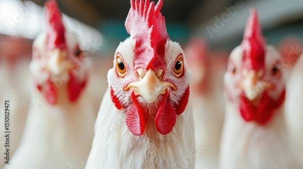 Fototapeta Poultry Close-up: A captivating close-up reveals a curious hen, its piercing gaze and vibrant red comb captivating the viewer, offering a glimpse into the world of poultry farming.