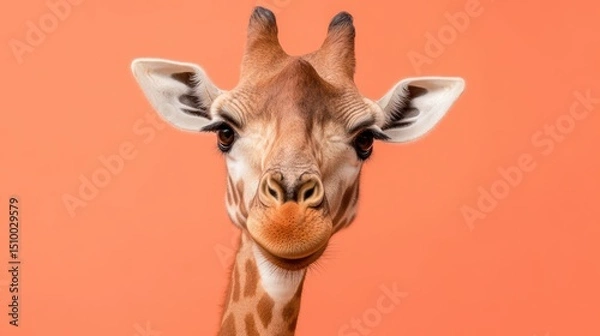 Fototapeta Gentle Giant's Gaze: A close-up portrait showcases the majestic face of a giraffe against a vibrant backdrop, capturing its serene expression and distinctive markings.