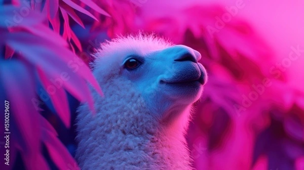 Fototapeta Radiant Llama Portrait: An adorable llama peers out from a vibrant tableau of leaves and foliage, the scene awash in captivating pink and blue hues, creating a delightful atmosphere.