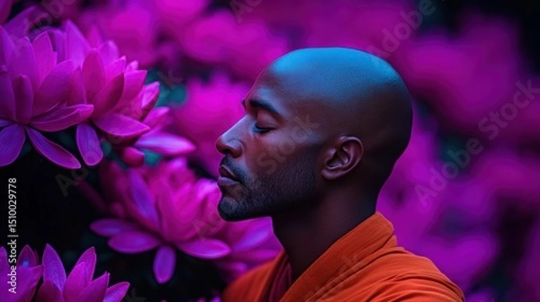 Fototapeta Serene Contemplation amidst Bloom: A bald person in orange attire finds inner peace amidst vibrant flowers, with eyes closed in meditation, evoking tranquility and spiritual contemplation.
