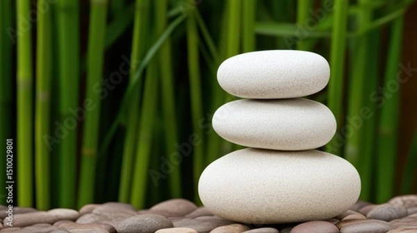 Fototapeta Zen Garden Balance: A serene composition showcases a stack of smooth, white stones harmoniously arranged against a backdrop of lush bamboo stalks, evoking feelings of peace and tranquility.