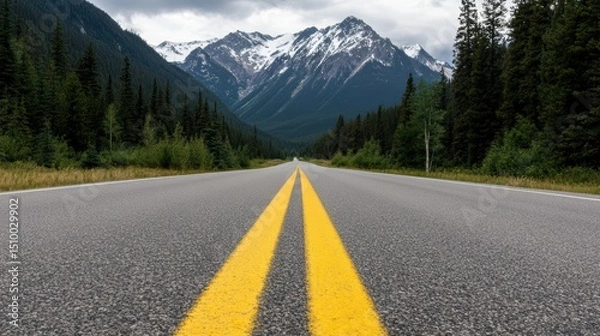 Fototapeta Road to the Majestic Peaks: An open road stretches towards the snowy peaks of the majestic mountains, framed by lush trees, promising adventure and the call of the wild.