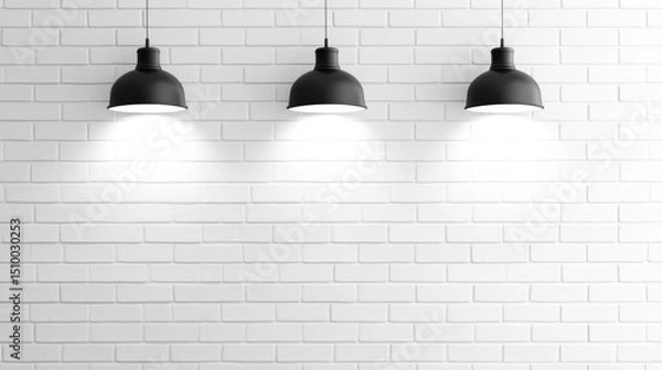Fototapeta Illuminated Trio: A minimalist composition showcasing three elegant, industrial-style pendant lights casting a soft, inviting glow against a textured brick wall.