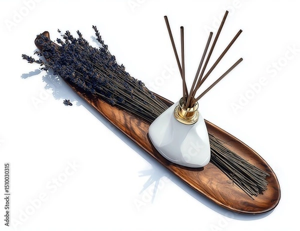 Obraz luxurious reed diffuser with pale purple lavender oil, placed on elegant dark wood tray, dried lavender sprigs beside bottle, high-definition soft shadow, premium botanical composition for advertising