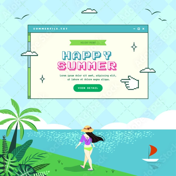 Fototapeta Cute retro summer sale pop up window with beach scene illustration