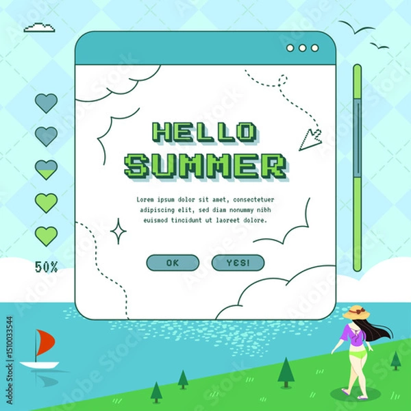 Fototapeta Cute retro summer sale pop up window with beach scene illustration