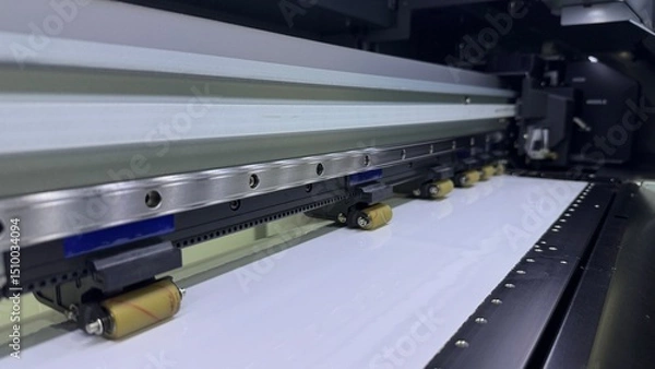Fototapeta Large Format Printer in Action Close-up view of a large format printer during operation, showcasing the rollers and the movement of the printing material.  