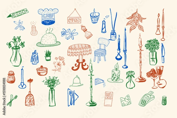 Obraz A collection of ink hand-drawn decor illustrations, perfect for menus, packaging, cafe and restaurant branding, interior design, or printed materials.