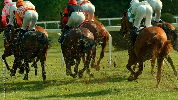 Fototapeta Racehorses in a line gallop up to the Winning Line together, freeze motion