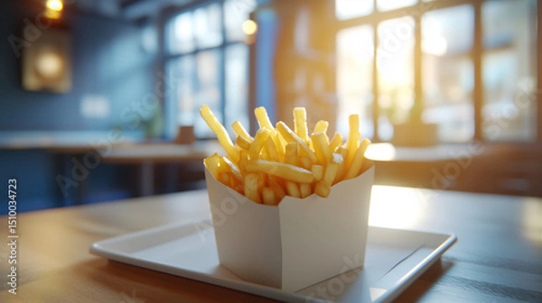Obraz box of french fries on the tray on the table of a fast food restaurant