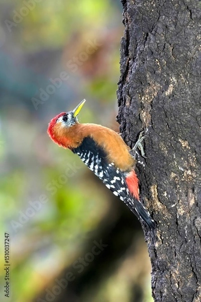 Obraz Rufous bellied woodpecker, Dendrocopos hyperythrus, Kedarnath Wildlife sanctuary, Chopta, Uttarakhand, India