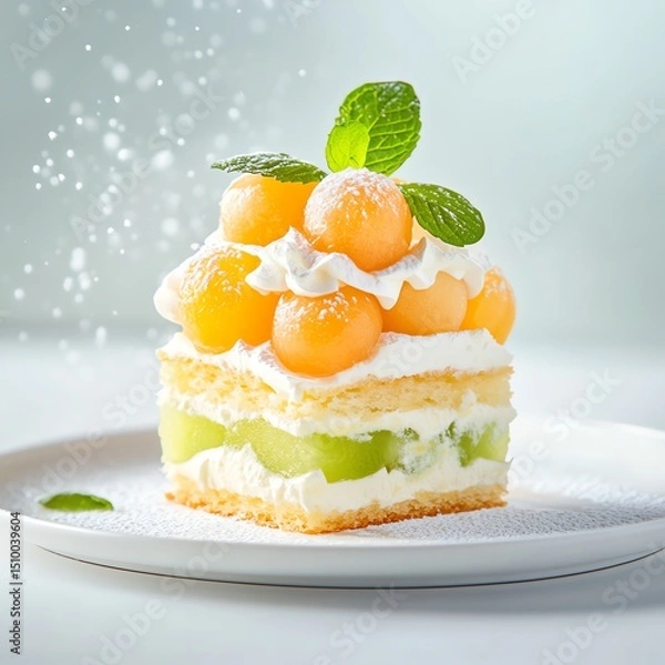 Fototapeta Delicious melon cake topped with whipped cream and fresh mint leaves.