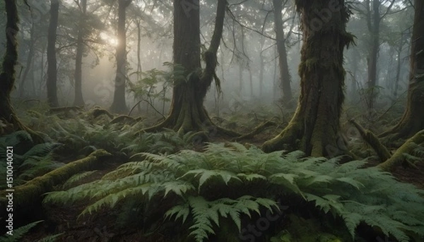 Fototapeta Foggy Forest With Lush Green Ferns and Moss-Covered Trees at Sunrise