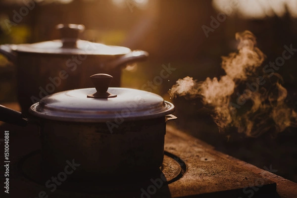Fototapeta Steam rising from beneath a lid of a steel pot placed on a stove outdoors