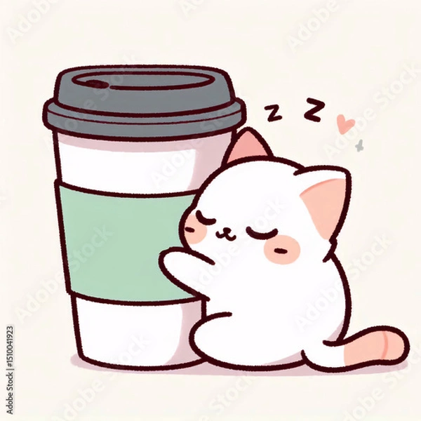 Obraz Adorable minimalist cat cuddling a branded coffee mug in clean vector sticker design on white background