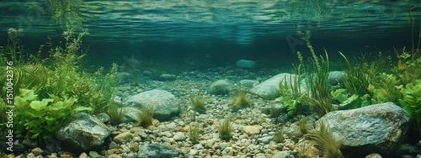 Fototapeta Clear underwater view of rocky riverbed with aquatic plants in tranquil setting surrounded by green foliage