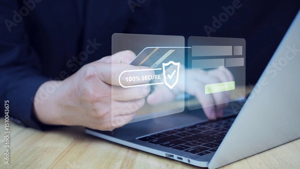 Fototapeta Internet banking, fintech, Digital online payment concept.Secure Online Payment Transaction Process concept. Businessman using smartphone to online payment, banking and online shopping.