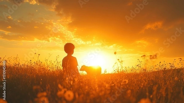 Obraz Serene field scene of boy watching calf at golden sunset in expansive summer pasture backlight