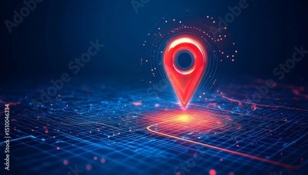 Obraz Navigating through a location on a map and pinning it against a blue tone cityscape with network connection, internet of things, and globalization satellite navigation system