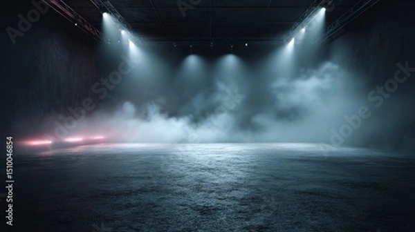 Fototapeta The dark stage shows, empty scene background, neon light, and spotlights The asphalt floor and studio room with smoke float up the interior texture for display products.