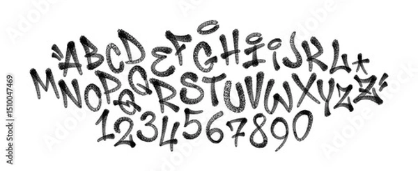 Fototapeta Graffiti spray alphabet. Spider font and digits. Vector illustration