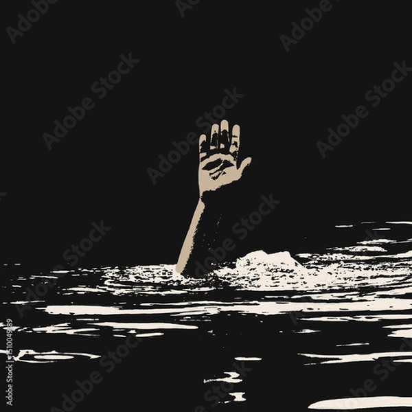 Obraz A Hand Reaching from the Sea – Illustration of Drowning, Migration, and Social Crisis in the Mediterranean