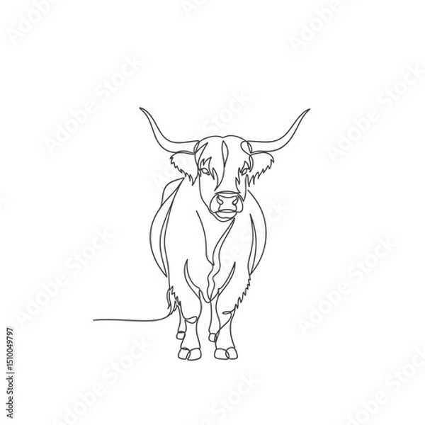 Fototapeta Highland cattle isolated on white background, a scottish breed of domestic beef cow drawn in a minimalist continuous line art style, a simple vector illustration