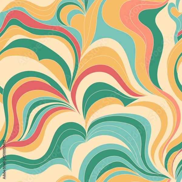Fototapeta Retro Abstract Wavy Pattern – 60s 70s Hippie Style Vector Design Seamless abstract wave pattern in a retro 60s–70s hippie style. Curved flowing shapes in warm earthy tones of orange, green, turquoise
