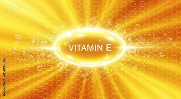 Obraz A vibrant graphic highlighting Vitamin E with radiant beams and bubbles.