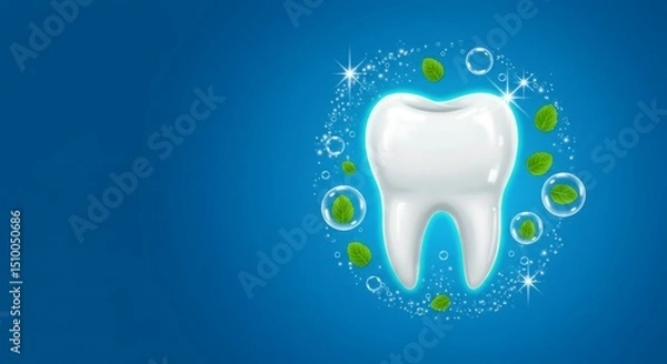 Obraz A stylized tooth surrounded by bubbles and mint leaves, symbolizing dental health.
