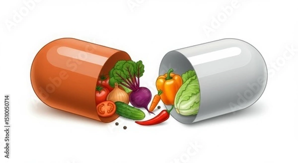 Obraz An illustration of two capsules spilling out various vegetables and fruits.