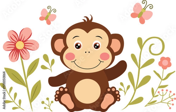 Fototapeta Cute Monkey Surrounded by Flowers and Butterflies