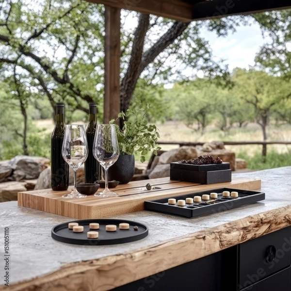 Fototapeta Outdoor Entertaining Stylish Serving Board & Tray Set for Wine and Cheese