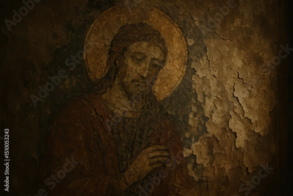 Obraz Ancient faded religious painting of jesus christ with halo on cracked aged wall surface, symbolizing time and spiritual endurance