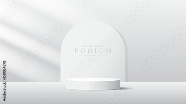 Obraz 3D product Minimal display stand, white circle on grey background. Abstract geometric shapes in a simple design. Fashion stage mockup scene. Studio product display stand. Product advertising stand