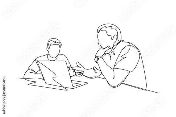 Obraz Two businessmen discussing work using laptop in continuous line drawing style