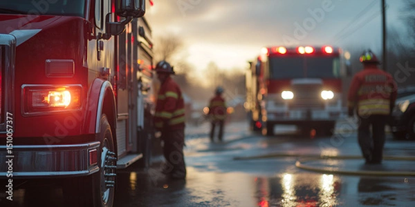 Fototapeta Firefighters Responding to Emergency Scene at Night, Fire Truck and Crew in Action, First Responders at Fire Incident

