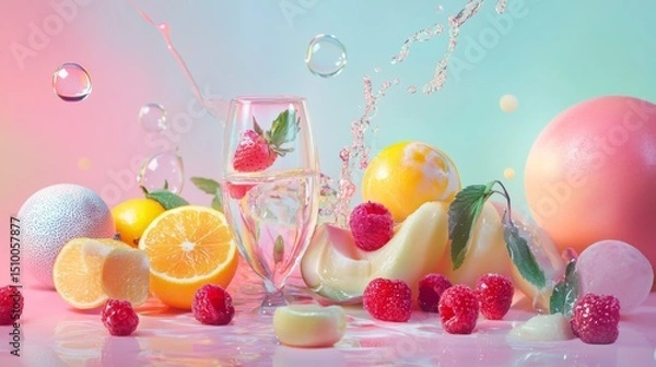 Obraz Colorful fruit drinks and summer ice cream scoops on pink pastel table with light splash